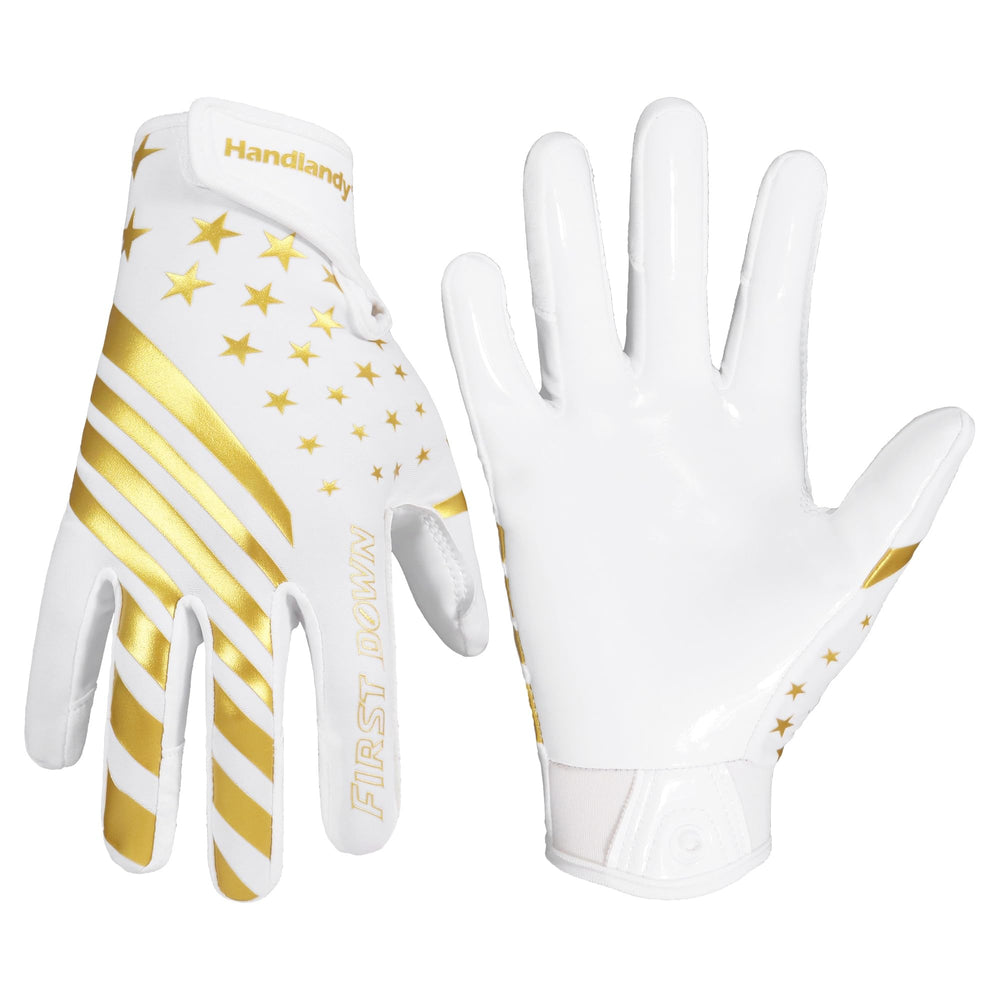 HANDLANDY front view of white gold youth gloves showing design and fit benefits