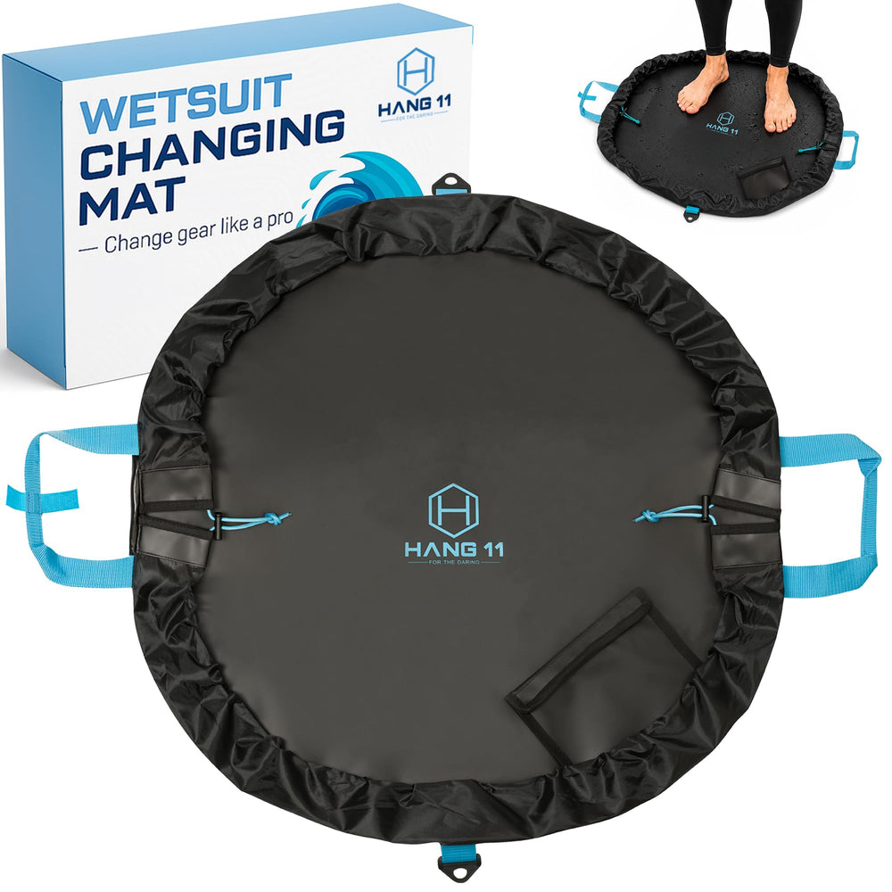 Hang 11 front view of blue 32 inch changing mat bag showing size and shape benefit