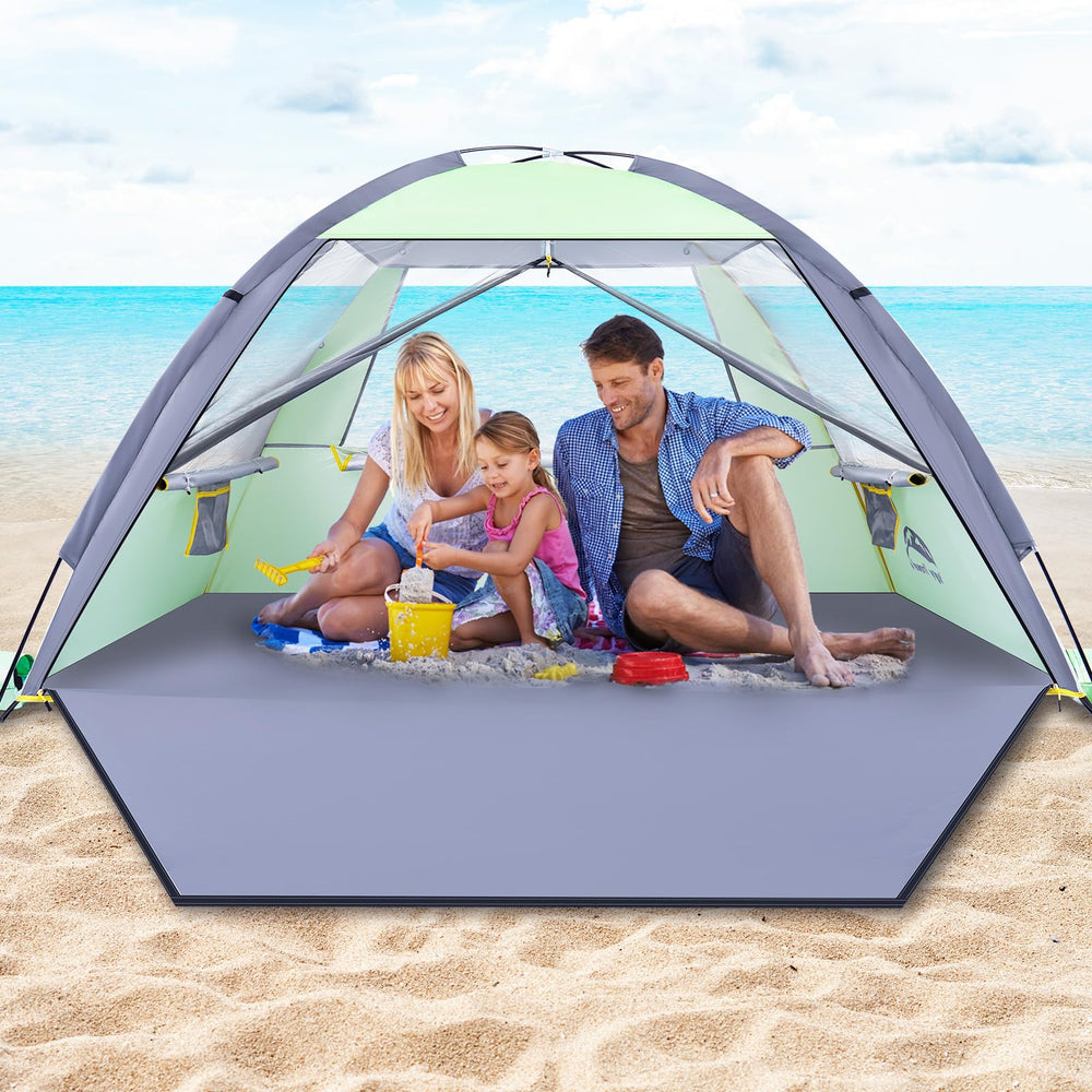 HAPPY TRAVEL front view showing full shaded beach shelter and family benefit