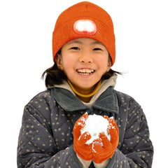 HEAD LIGHTZ front view of orange beanie and glove set showing compact light — visible safety