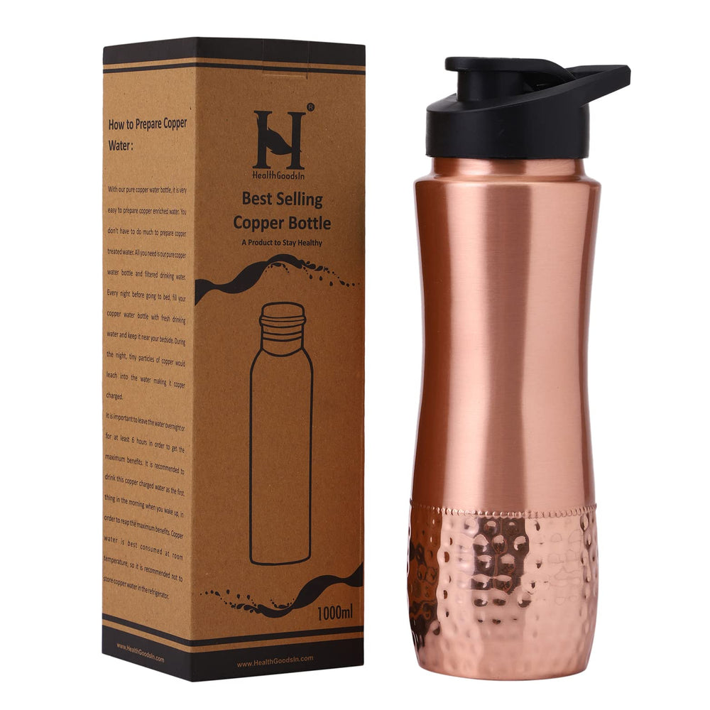 HealthGoodsIn copper bottle front view showing polished finish and capacity benefits
