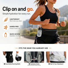 HECHZSO bottle with clip attached to running vest edge demonstrating secure hands-free carry