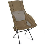 Helinox Savanna front view in coyote tan showing roomy seat and high back for comfort