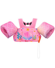 HeySplash swim vest front view showing secure fit and playful print benefit of visibility
