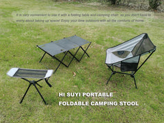 HI SUYI stool used on sand as a footrest showing convenience and quick setup