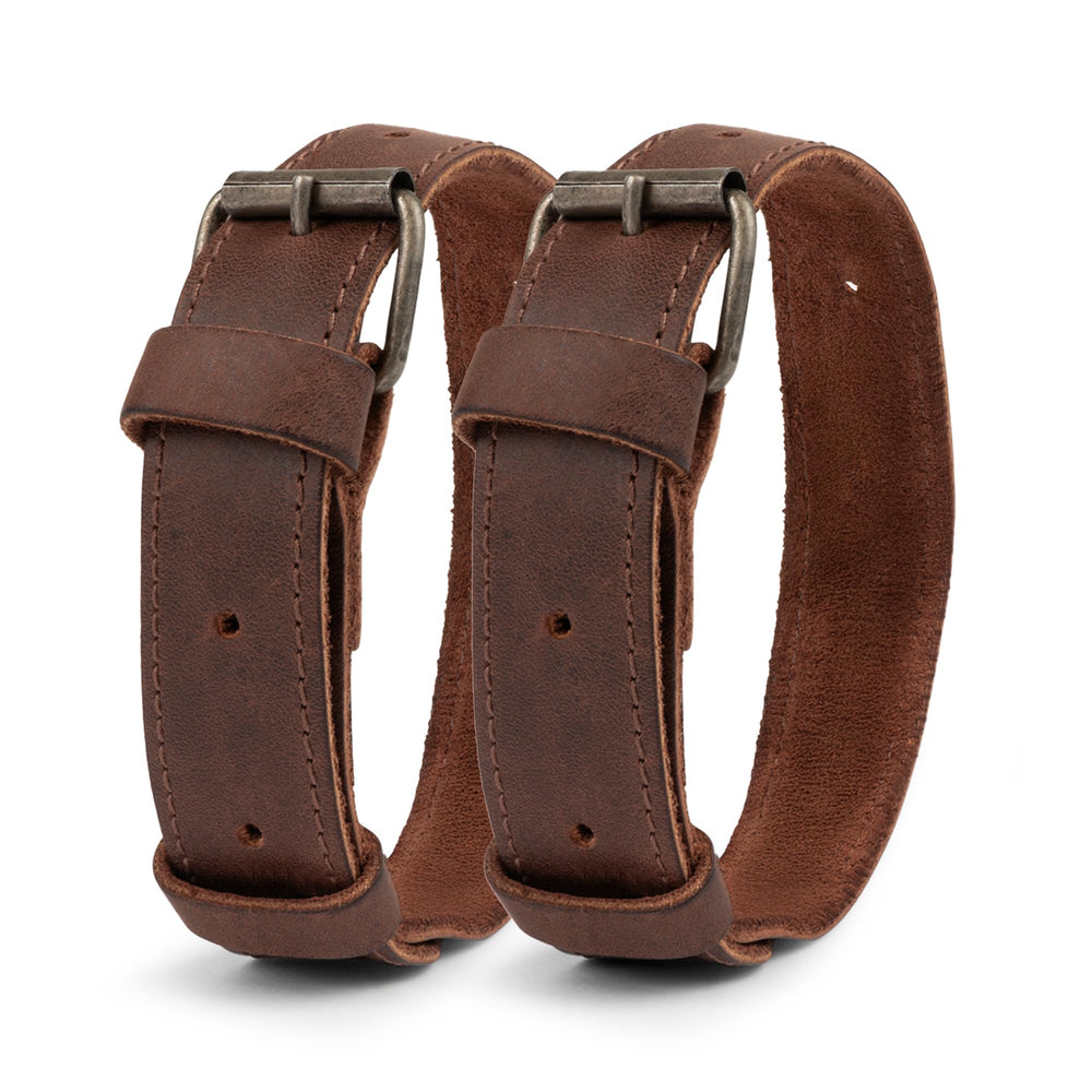 Hide & Drink front view of ankle bands showing leather and buckles protecting pants