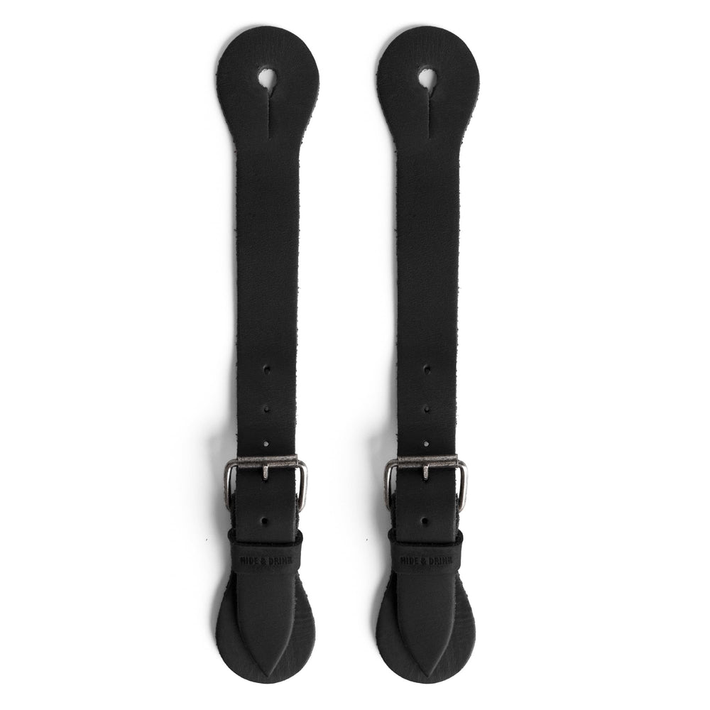 Hide & Drink charcoal black spur straps front view showing secure fit