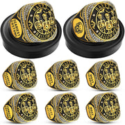 Highergo front view of six skeleton championship rings and boxes showcasing a full award set