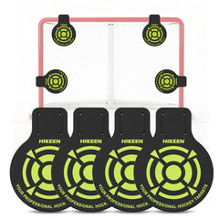 Hikeen front view of four green target panels showing packaging and contents, clear benefit: portability
