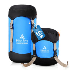 Hikenture front view of blue 30L bag showing brand and compact storage benefit