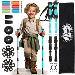Hiker Hunger Outfitters front view of teal kids hiking poles showing full set and carry-ready benefit