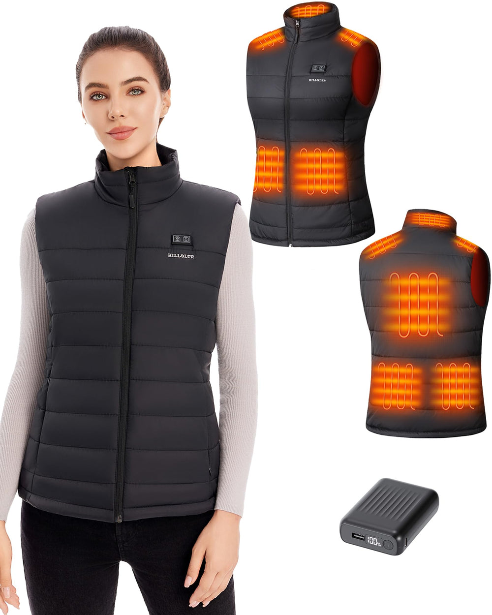 HILLSLTR front view of heated vest highlighting slim insulated design and warmth