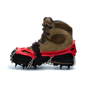 Hillsound Trail Crampon I front view showing secure fit and bright red harness benefit