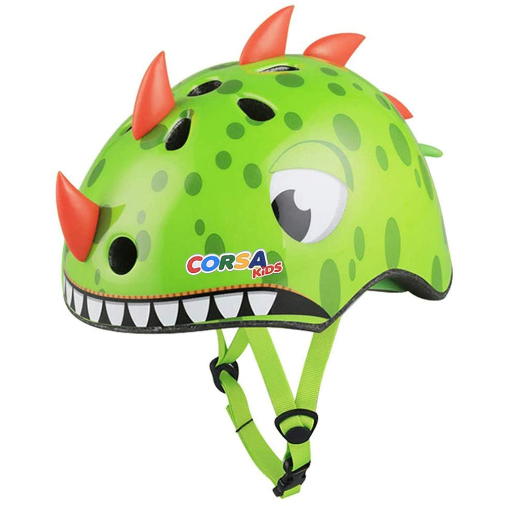 Hisyll helmet front view showing dinosaur graphic and safe design benefit