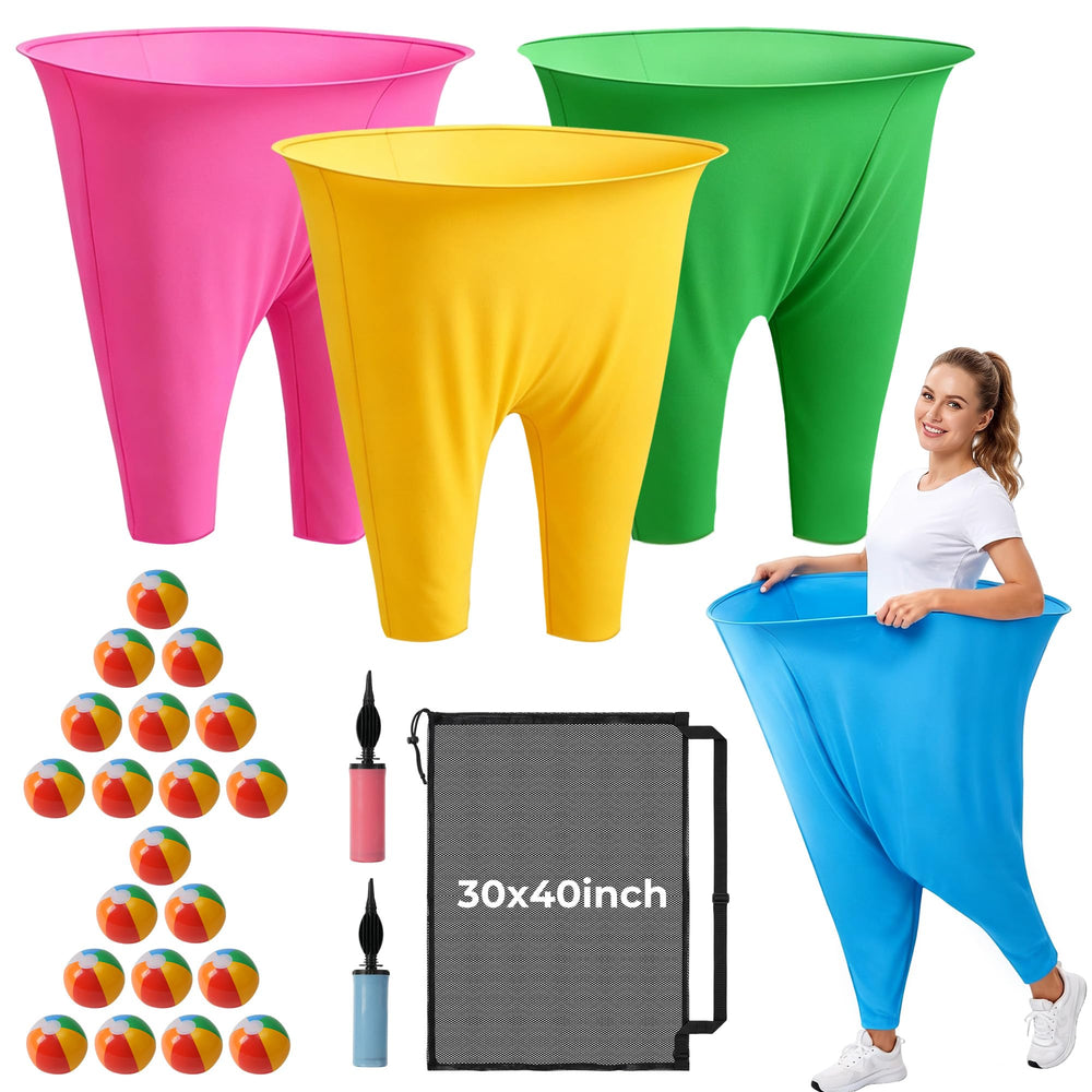 Hmenbiz front view of four oversized granny pants showing fit and colors for group play