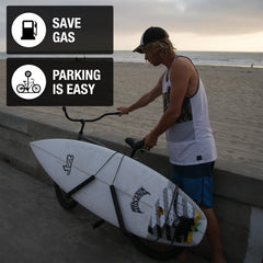 Ho Stevie! rack with surfboard in side profile showing balanced transport and ride stability benefit