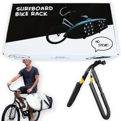 Ho Stevie! surfboard rack mounted on bike showing secure front view and easy transport benefit