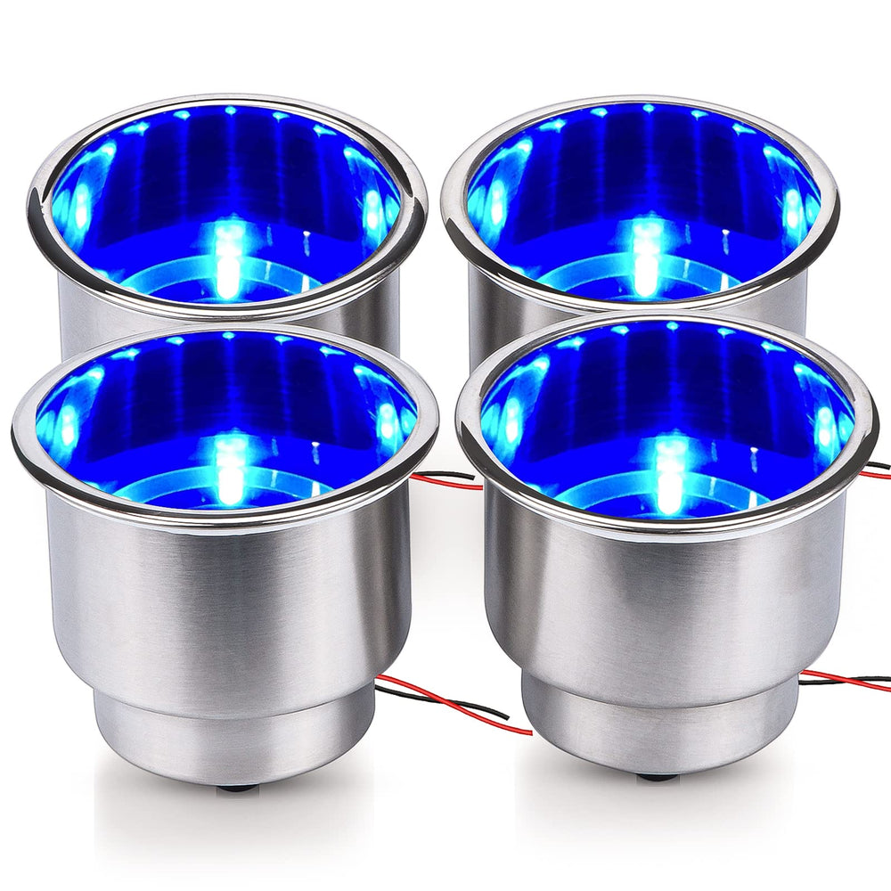 Hoffen front view of four stainless steel cup holders showing sturdy finish and neat install