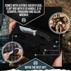 Holtzman's Gorilla Survival fire starter and tools arranged to show quick spark-start capability