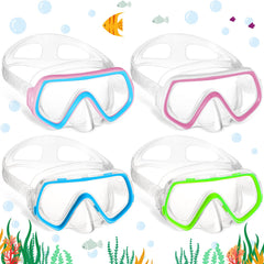 Hoolerry front view of four-pack colorful kids swim masks showing all colors and benefit