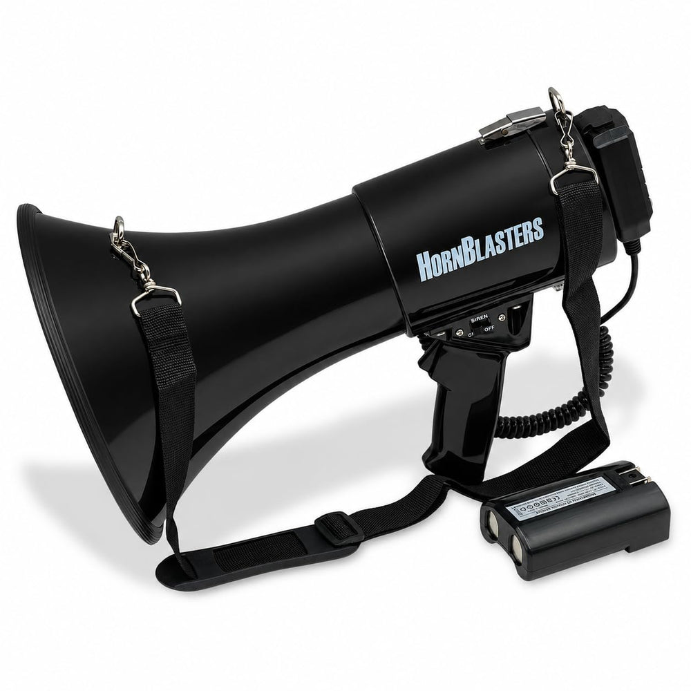 HornBlasters megaphone front view showing controls and handle for easy operation