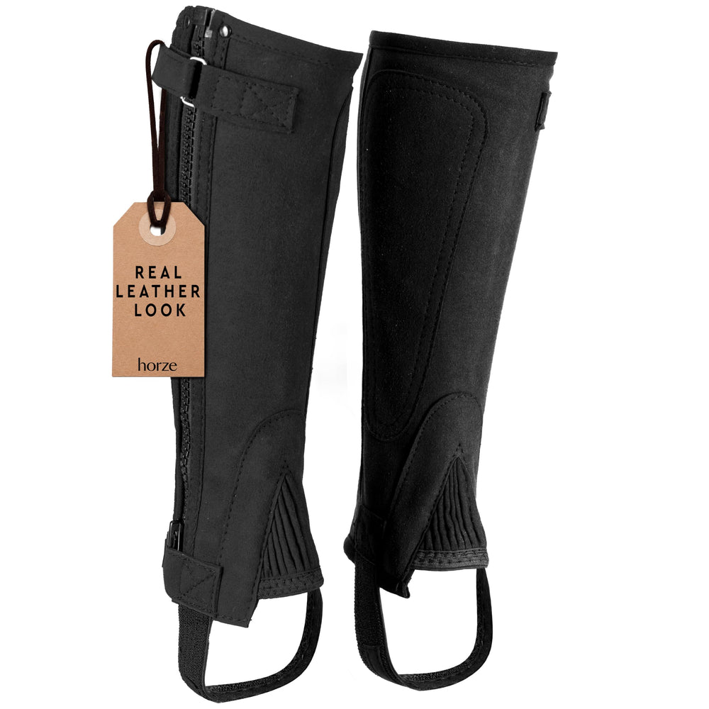 HORZE front view of kids half chaps showing full leg protection and sleek fit