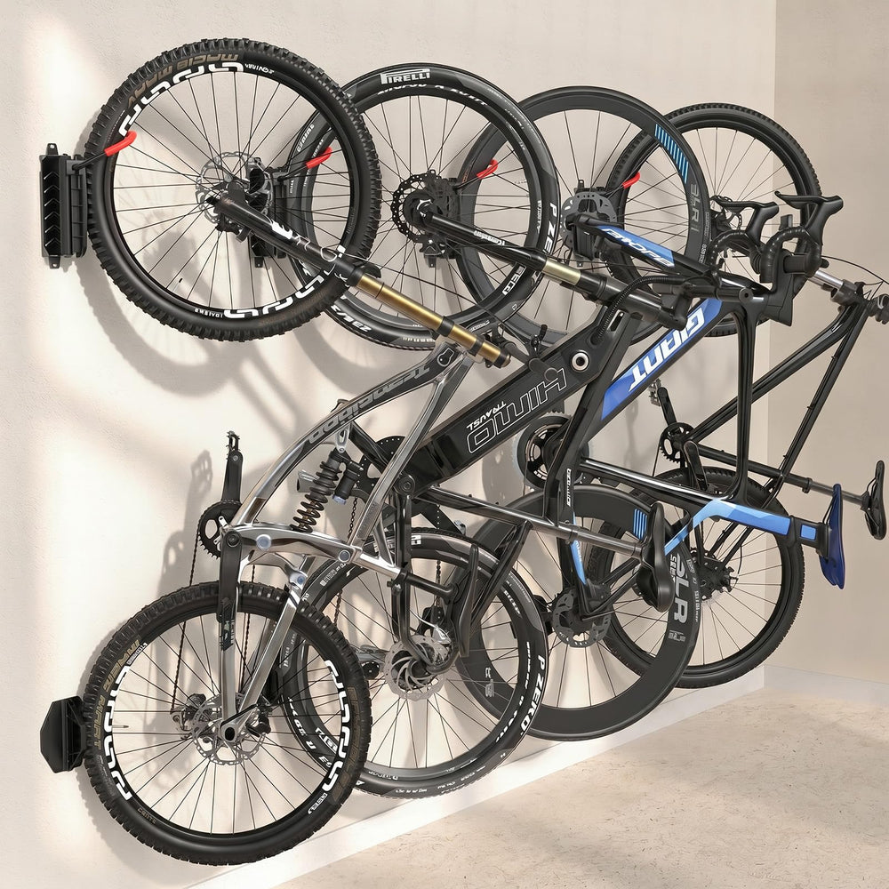 Housolution front view of four red swivel bike mounts showing compact storage benefit