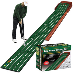 HUAEN front view of wood putting mat showing full layout and benefits