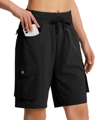 Hugut front view of black 9-inch hiking cargo shorts showing fit and style benefit