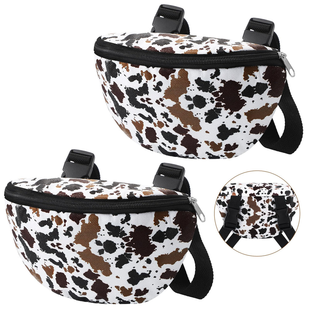 Huhumy saddle pouch front view showing cow print and compact storage benefit