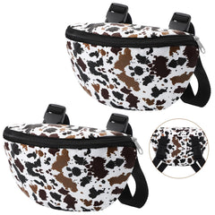 Huhumy saddle pouch front view showing cow print and compact storage benefit