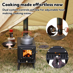 Huskfirm stove with assembled chimney to show vertical venting and spark protection