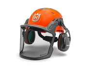 Husqvarna helmet front view showing durable shell and clear identification