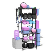 HYCFYJR front view of rack showing organized weights and space saving benefit