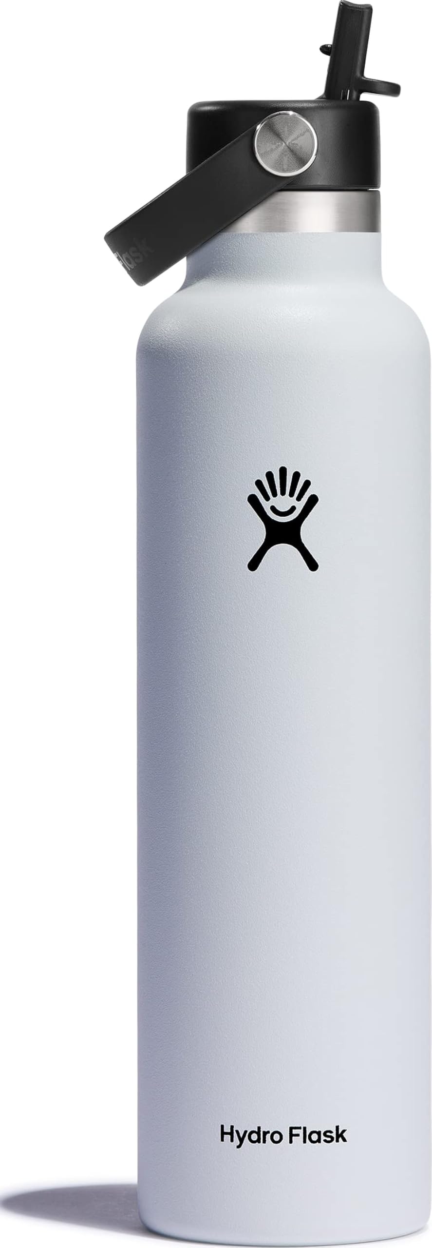 Hydro Flask 24 oz white bottle front view showing clean design and size benefit