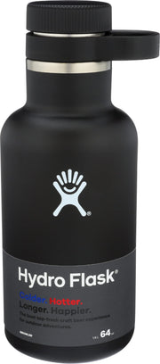 Hydro Flask front view showing black growler and secure cap for longer carbonation