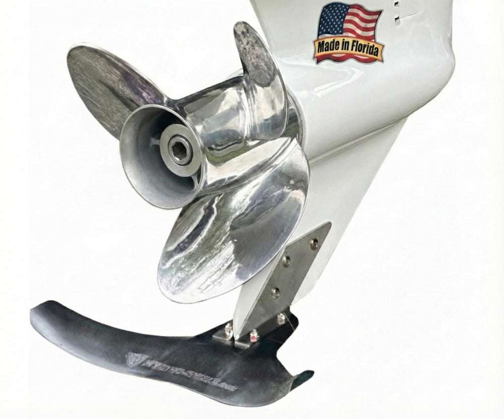 Hydro-Shield front view mounted on skeg showing solid protection and improved handling