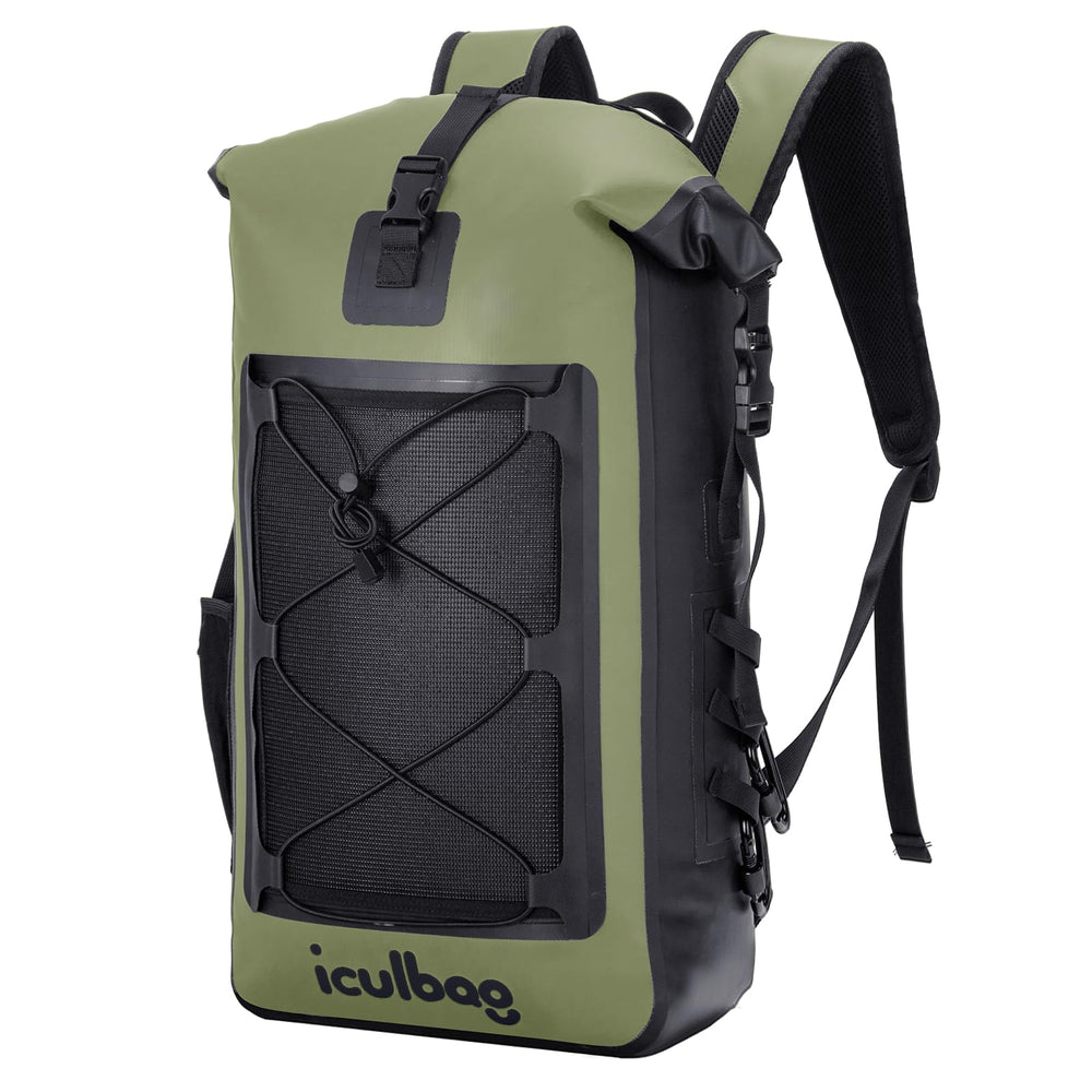 iculbag front view of the armygreen dry backpack showing storage and protection