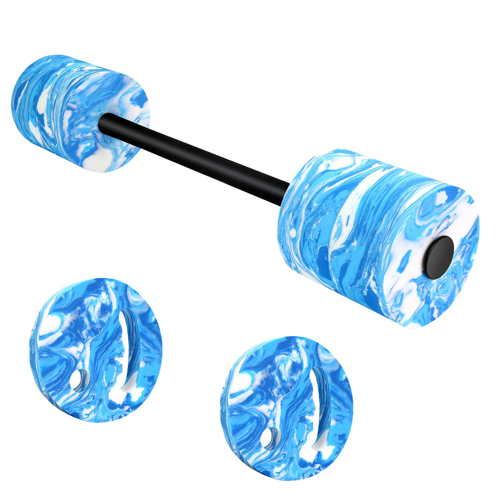 IEBIYO front view of assembled swim barbell showing durable build and portability