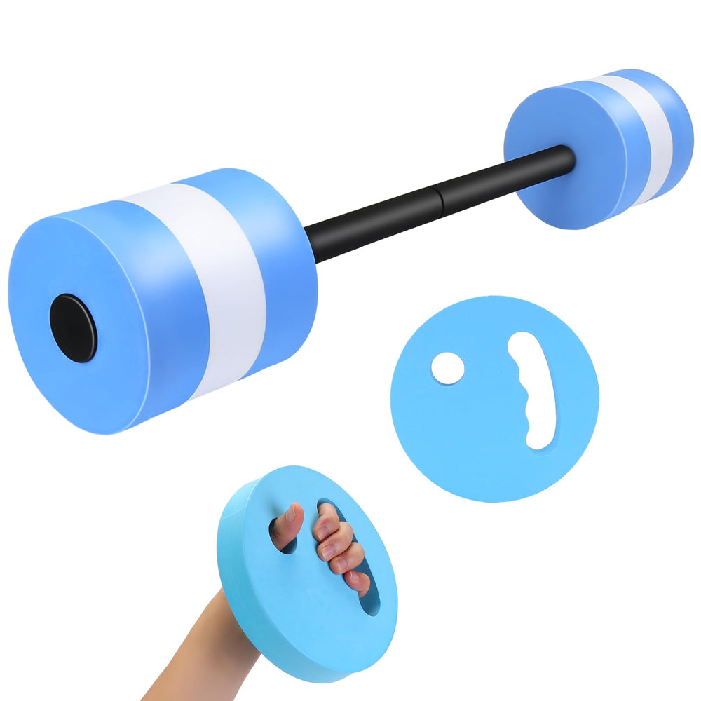 IEBIYO front view of blue swim barbell showing full length and foam for easy resistance