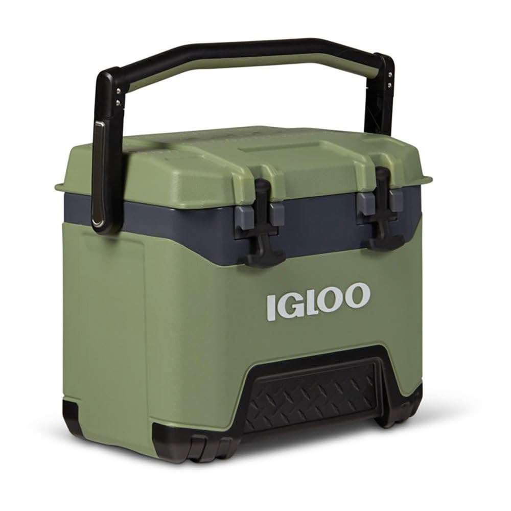 Igloo BMX cooler front view in oil green showing sturdy latches and rugged build for reliable cooling