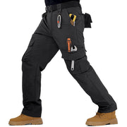 IGOLUMON front view of black tactical pants showing 12-pocket layout and fit