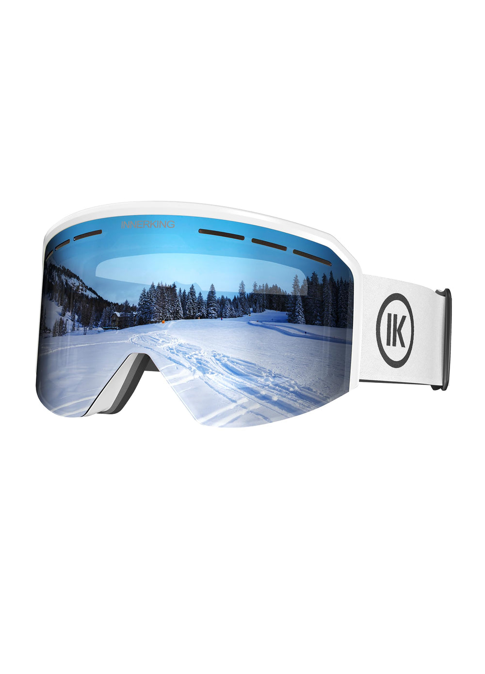 Innerking front view of goggles showing full panoramic lens and clear vision benefit
