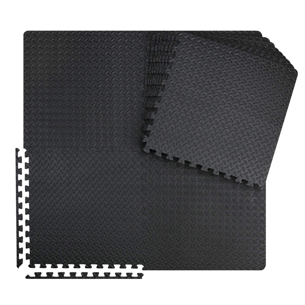 innhom front packaging showing 12 black interlocking gym tiles protecting floors