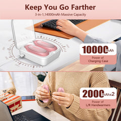 Innopower warmers seated in open 10000mAh charging case for multiple recharges