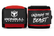 Iron Bull Strength front packaging showing red competition wrist wraps and branding support