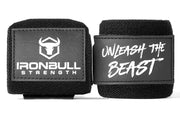 Iron Bull Strength front view of wrist wraps showing IPF approval and durable design for stable lifts