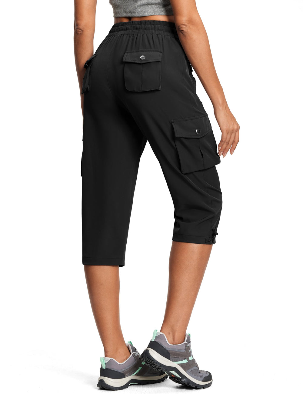 ISEEGZ front view of black capri pants showing fit and pockets for versatile wear