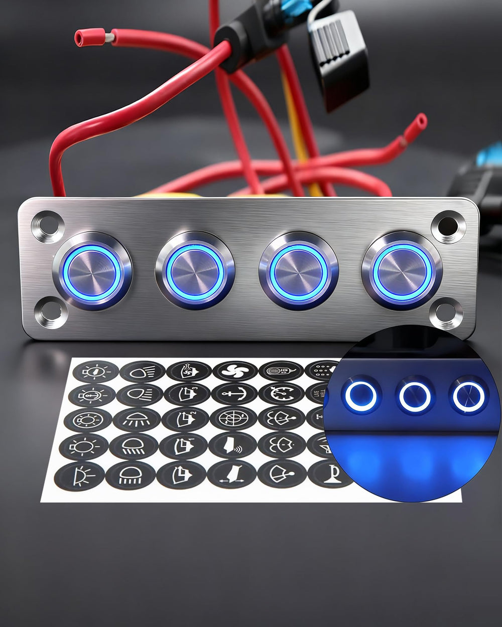 IZTOSS front panel view showing finished anodized aluminum and four rockers for clean installation
