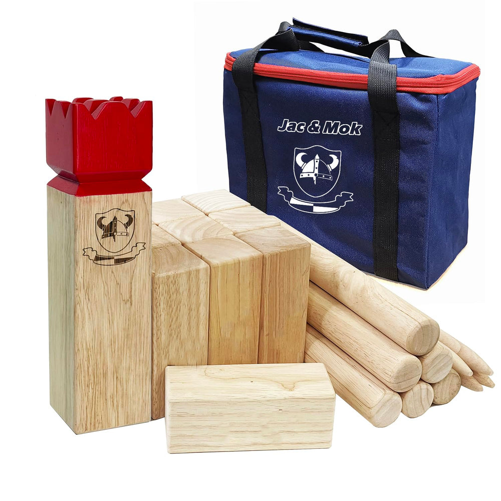 Jac & Mok front view of full Kubb set showing pieces and storage bag for easy transport